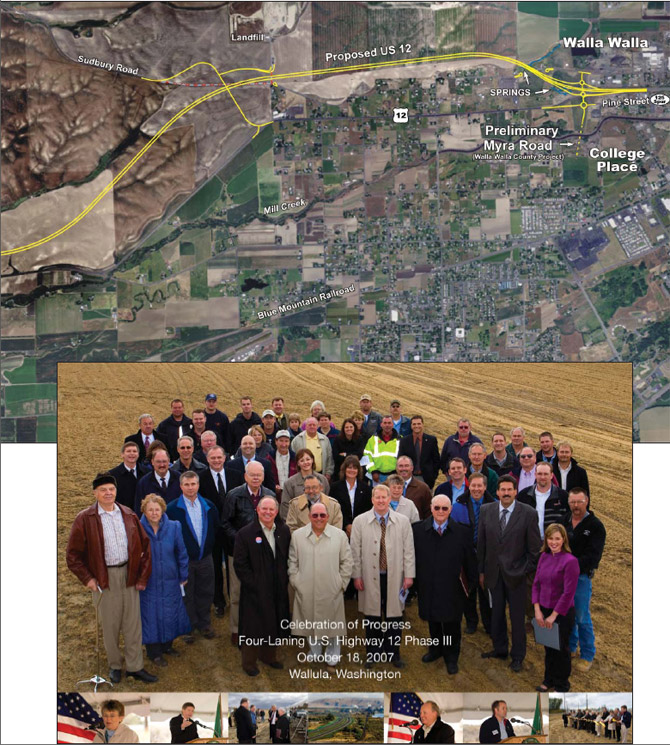 A host of dignitaries, including members of the Washington State legislature, representatives from the Washington Department of Transportation (WSDOT), and offi cials from the U.S. Highway 12 Coalition, Tri-Cities, Walla Walla County, the City of Walla Walla and Port of Walla Walla gathered in October, 2007 for the offi cial opening of Phase Three of U.S. Highway 12 four-laning. The $17-million dollar project involved completion of three plus miles between Dodd Road and the Boise paper mill – in the so-called Attilia vicinity. In addition to saluting the opening of the newest four-lane section, offi cials noted the completion now of three phases that add-up to continuous four-laning from near Wallula to the Tri-Cities. Photo by Tim Hall